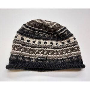Everest Designs Cap Brown Gray Wool Fair Isle Fleece Lined Roll Beanie Hat Nepal
